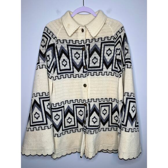 1970s Kachina Native Aztec Western Yellowstone Scallop Collared Sweater Poncho L - Picture 1 of 8